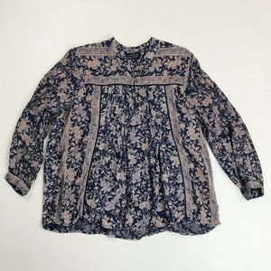 LUCKY BRAND Peasant Blouse Medium Navy Blue Floral Popover Gypsy Boho